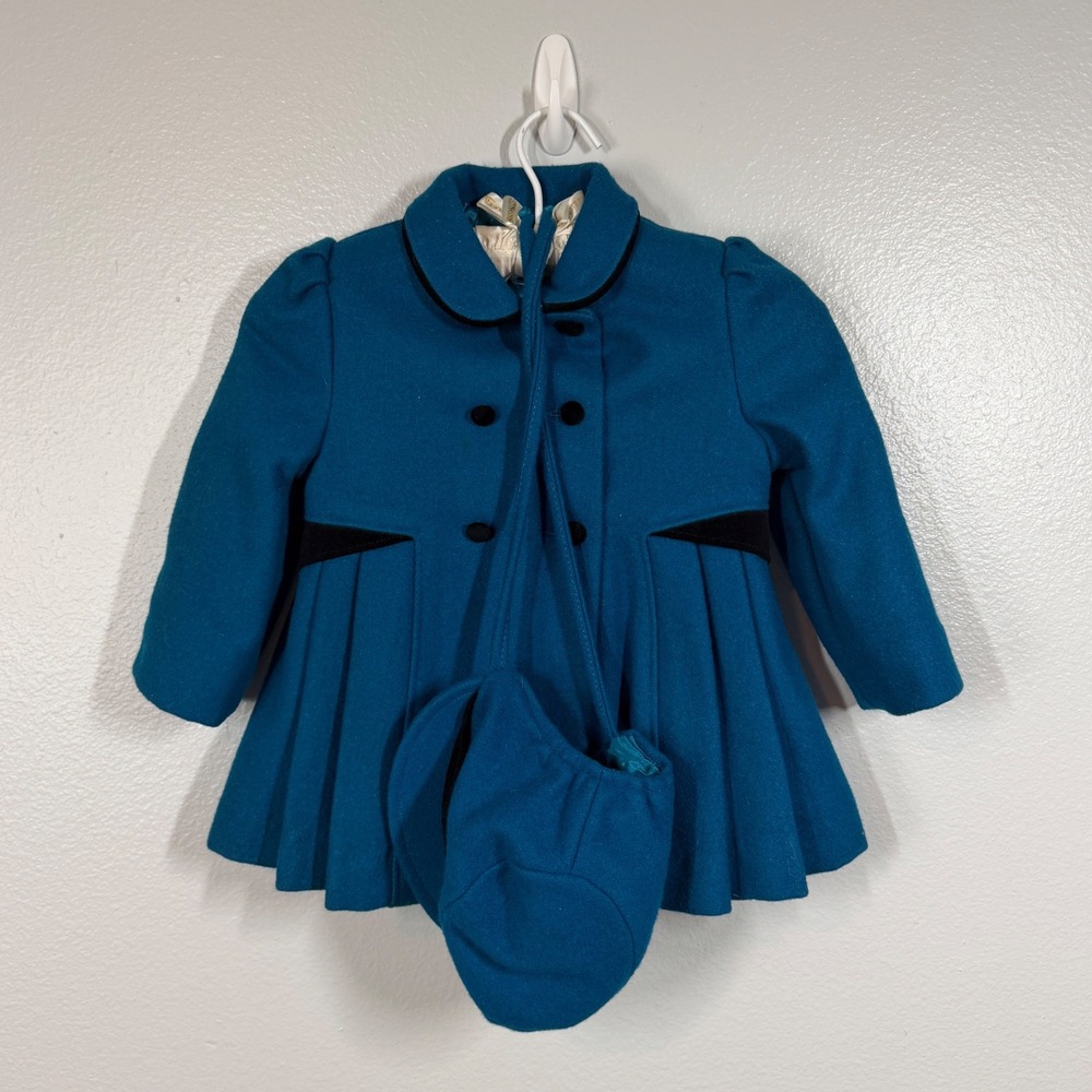 F.W. Fischer Designs Peacoat Girls 3 Teal Wool Blend Set Hat Vtg Pleated USA